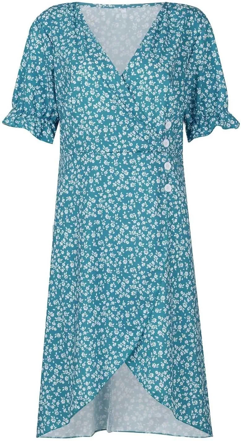 Women's 2024 Puff Sleeve Wrap Midi Dress Floral V Neck Bodycon Dress Formal Cocktail Party Work Dresses S-3XL