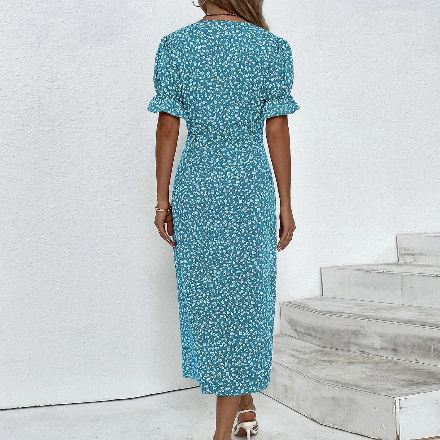 Women's 2024 Puff Sleeve Wrap Midi Dress Floral V Neck Bodycon Dress Formal Cocktail Party Work Dresses S-3XL