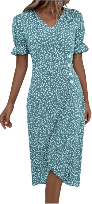 Women's 2024 Puff Sleeve Wrap Midi Dress Floral V Neck Bodycon Dress Formal Cocktail Party Work Dresses S-3XL