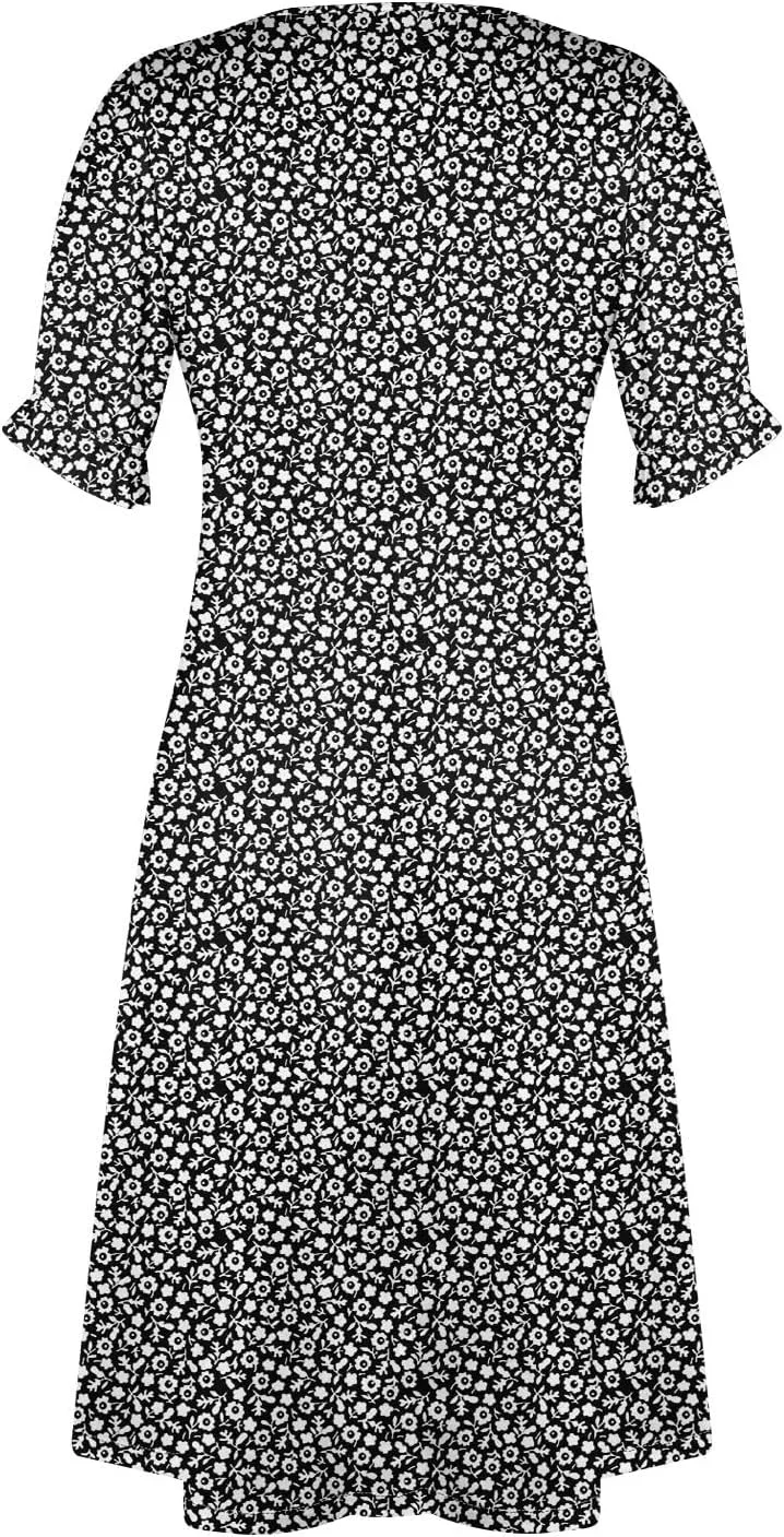 Women's 2024 Puff Sleeve Wrap Midi Dress Floral V Neck Bodycon Dress Formal Cocktail Party Work Dresses S-3XL