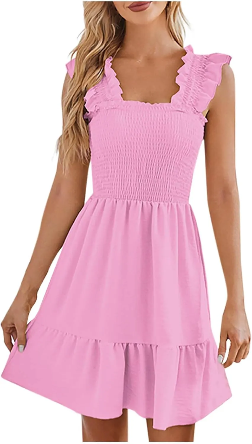 Womens 2025 Casual Dress Smocked Square Neck Sleeveless Boho A-Line Mini Dress Summer Strap Ruffle Swing Dresses