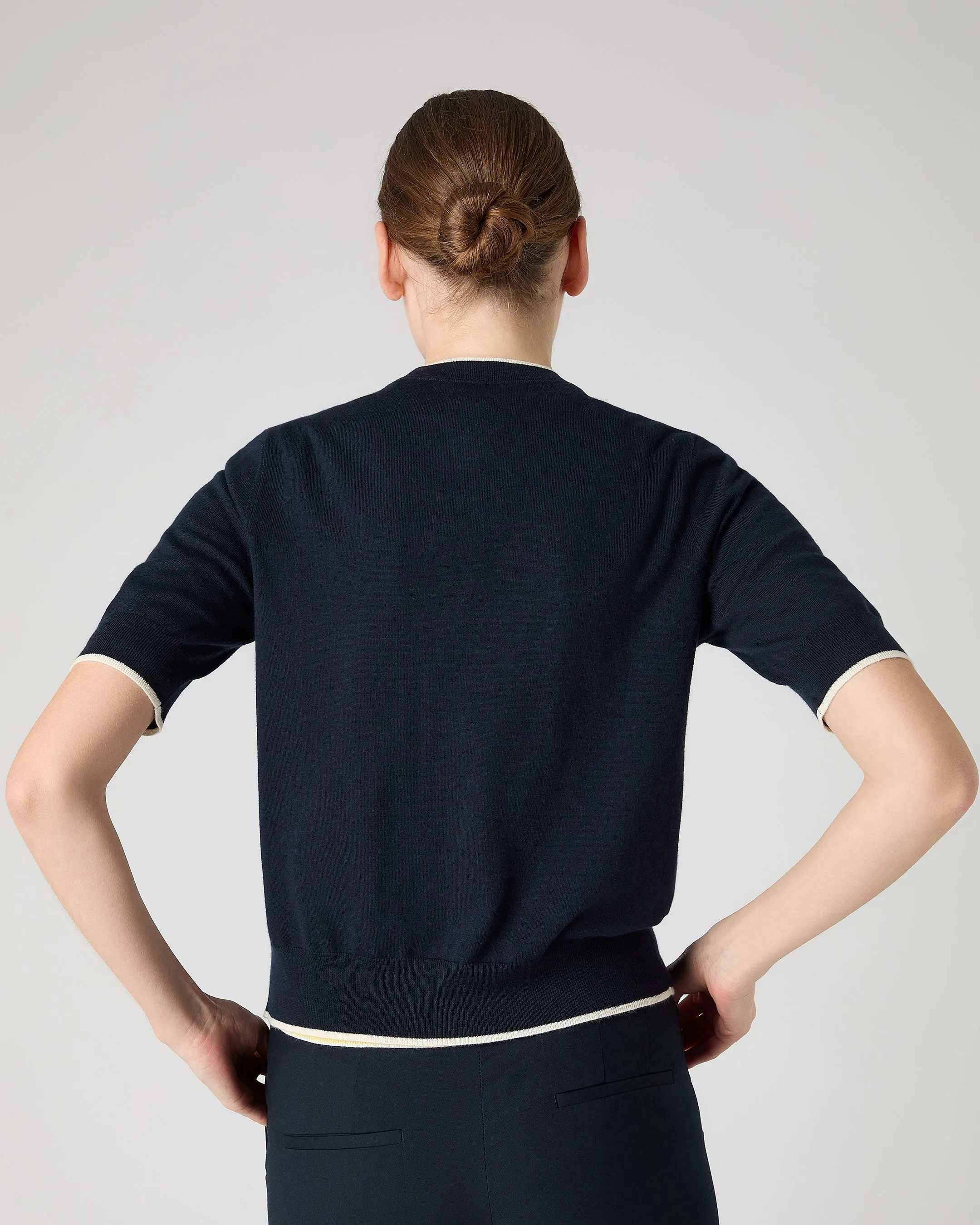 Women's Cotton Cashmere Short Sleeve Cardigan Navy Blue