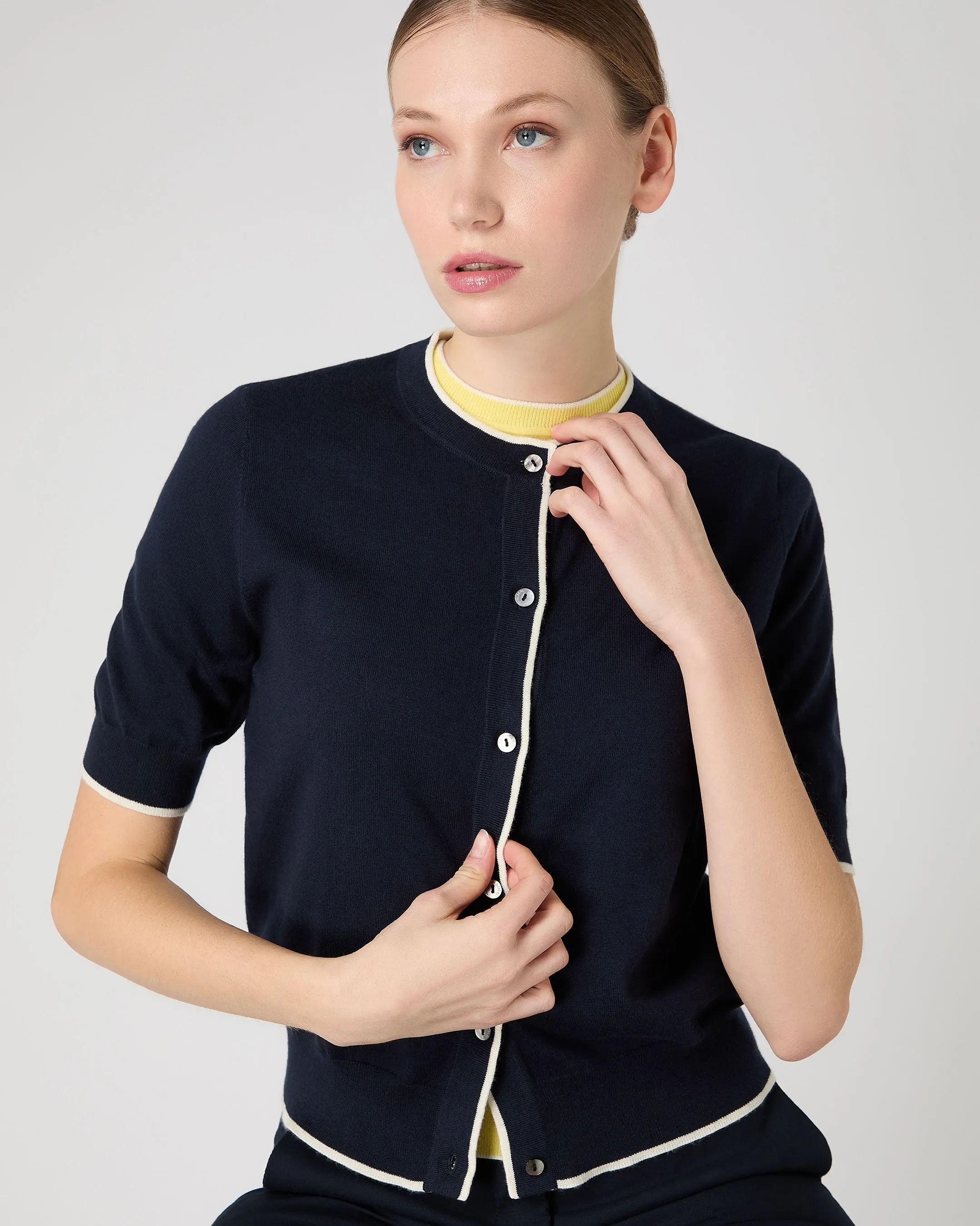 Women's Cotton Cashmere Short Sleeve Cardigan Navy Blue
