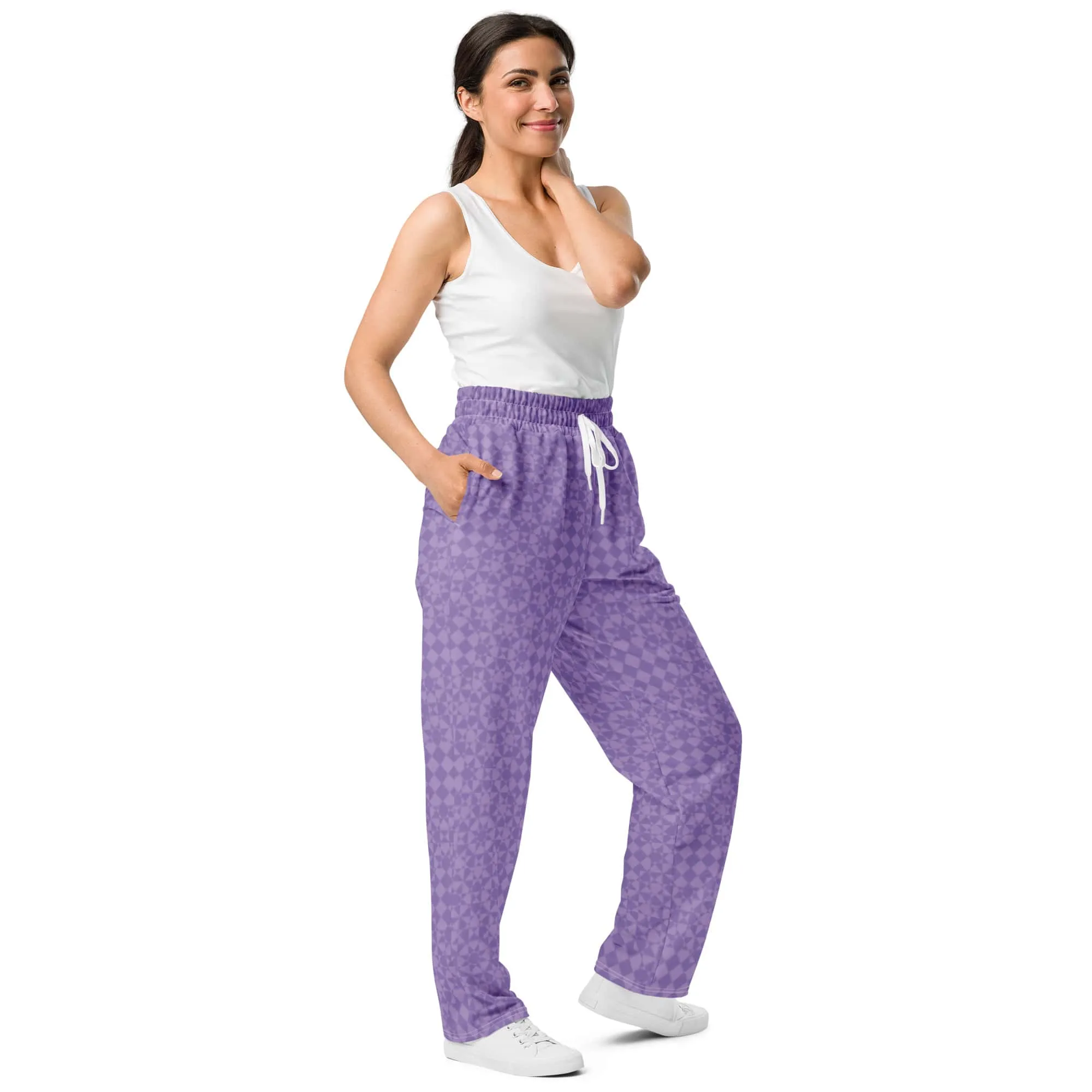 Women's Lavender Geometric Pattern Wide-Leg Joggers