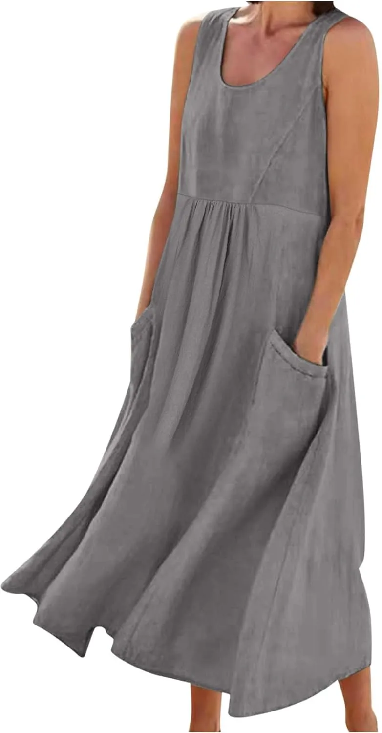 Womens Summer Casual Flowy Sleeveless Long Dress Loose Crew Neck Maxi Beach Dresses with Pockets Plus Size