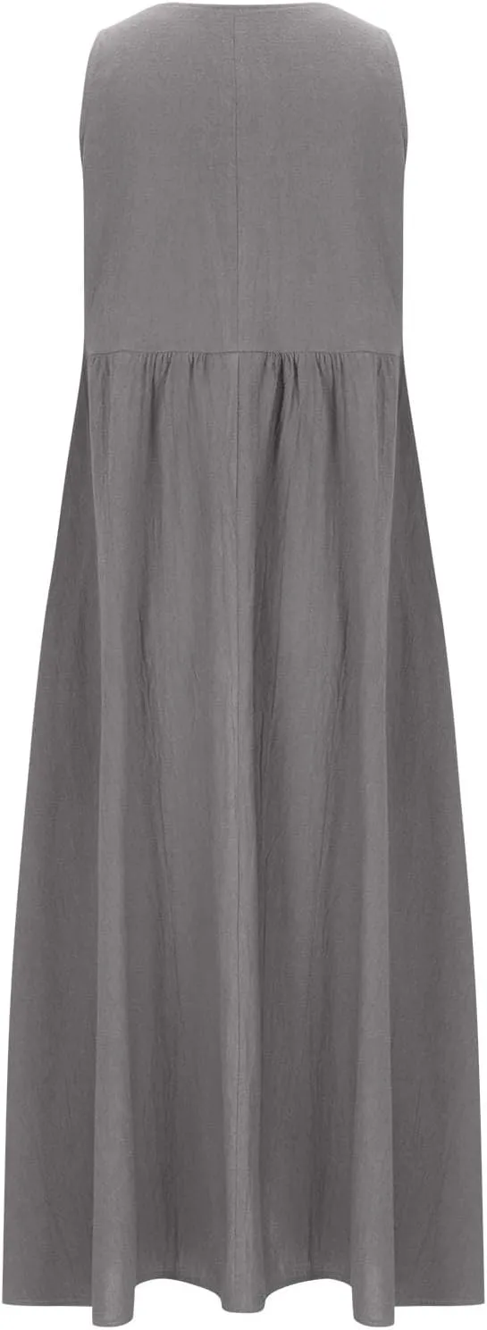 Womens Summer Casual Flowy Sleeveless Long Dress Loose Crew Neck Maxi Beach Dresses with Pockets Plus Size