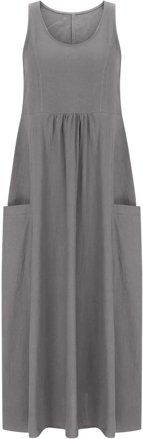 Womens Summer Casual Flowy Sleeveless Long Dress Loose Crew Neck Maxi Beach Dresses with Pockets Plus Size