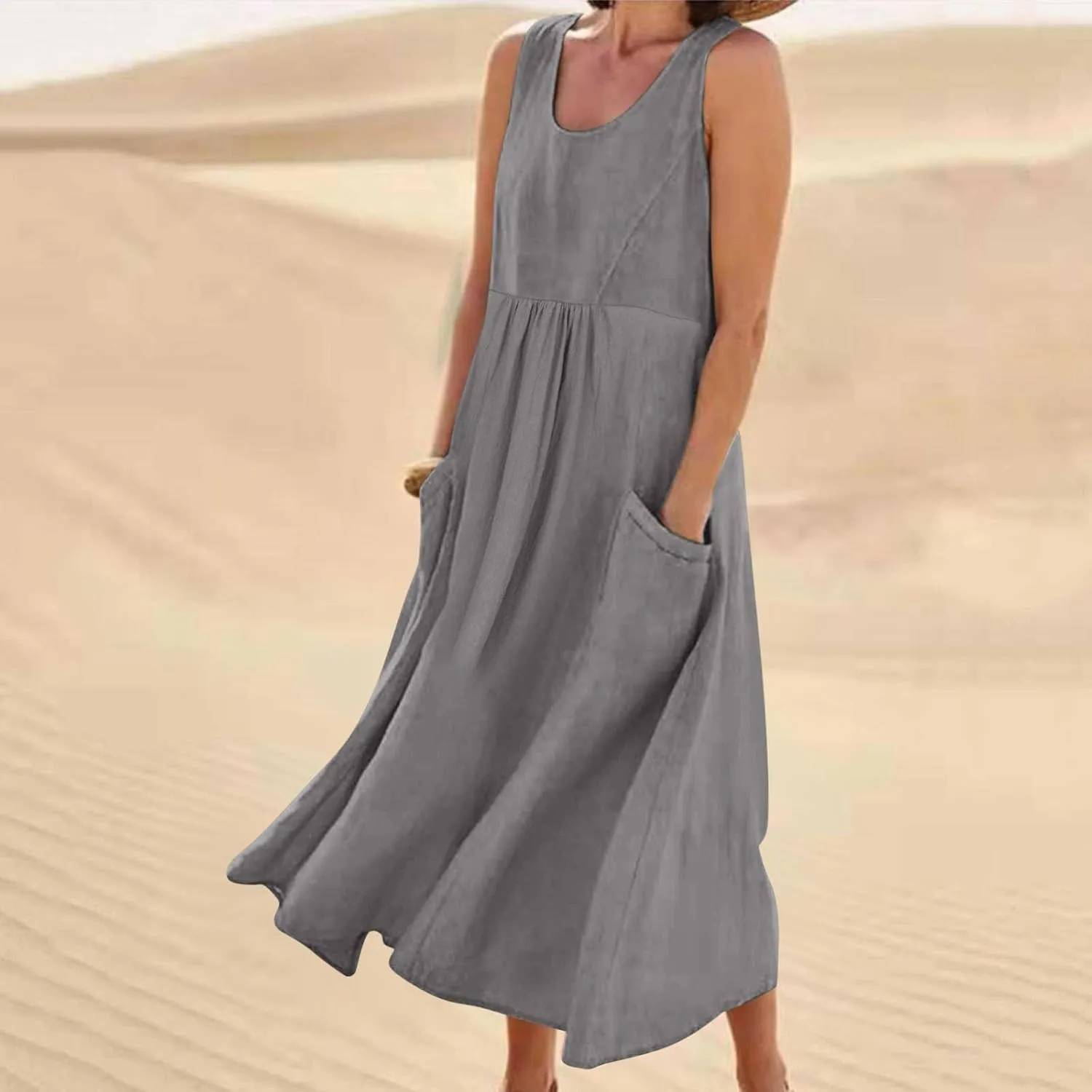 Womens Summer Casual Flowy Sleeveless Long Dress Loose Crew Neck Maxi Beach Dresses with Pockets Plus Size