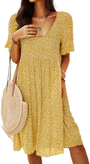 Womens Summer Dress Casual Loose Flowy Swing Boho Ditsy Floral Dress V Neck Short Sleeve Summer Beach Mini Dress