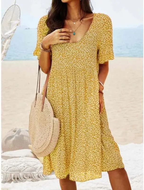 Womens Summer Dress Casual Loose Flowy Swing Boho Ditsy Floral Dress V Neck Short Sleeve Summer Beach Mini Dress