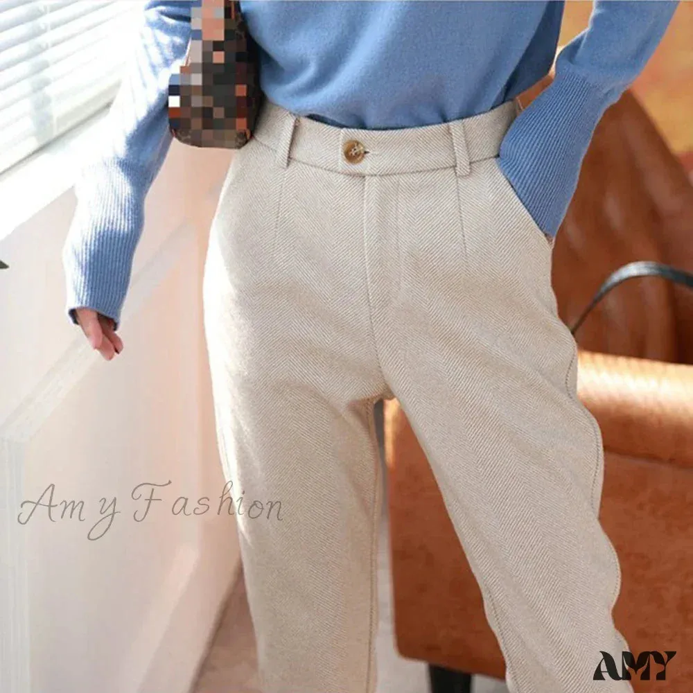 Woolen High Waist Elegant Casual Black Pencil Pants