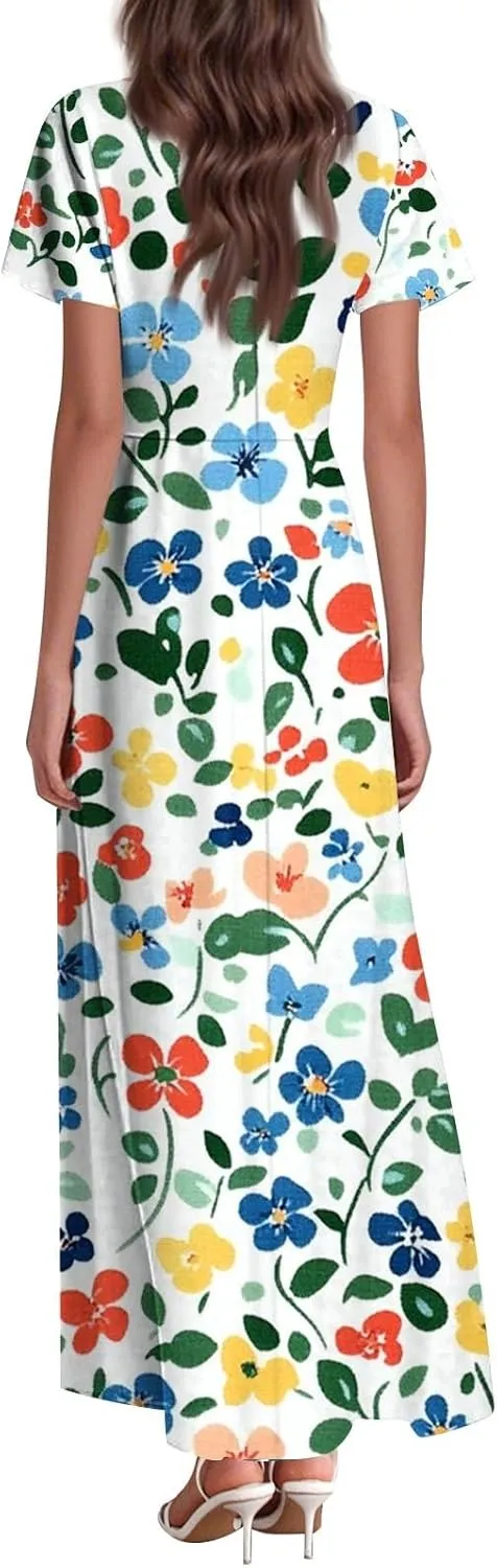 ZEFOTIM Long Maxi Dresses for Women Sexy Floral Dress Short Sleeve V Neck Dresses
