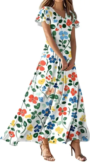 ZEFOTIM Long Maxi Dresses for Women Sexy Floral Dress Short Sleeve V Neck Dresses