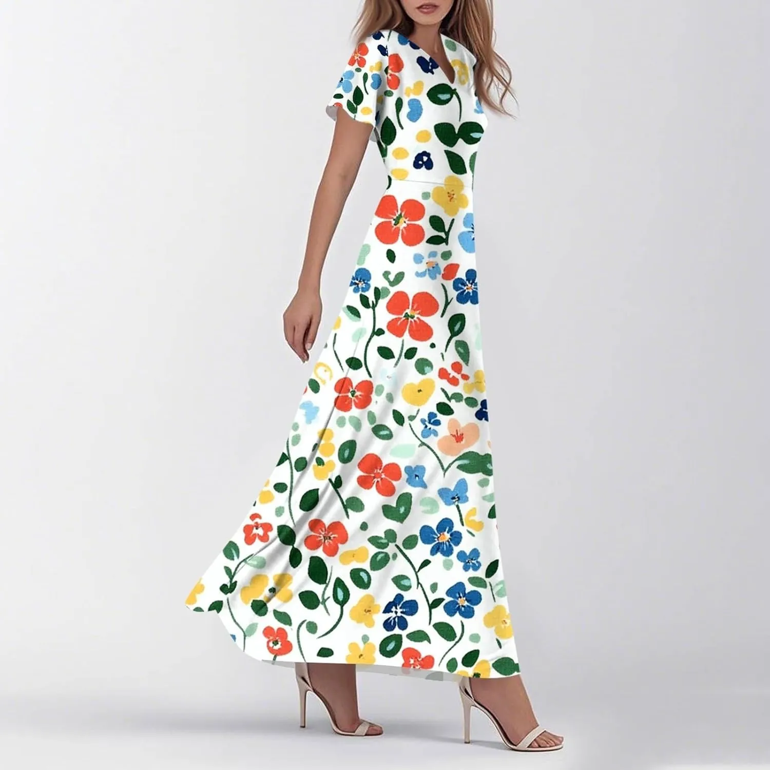 ZEFOTIM Long Maxi Dresses for Women Sexy Floral Dress Short Sleeve V Neck Dresses